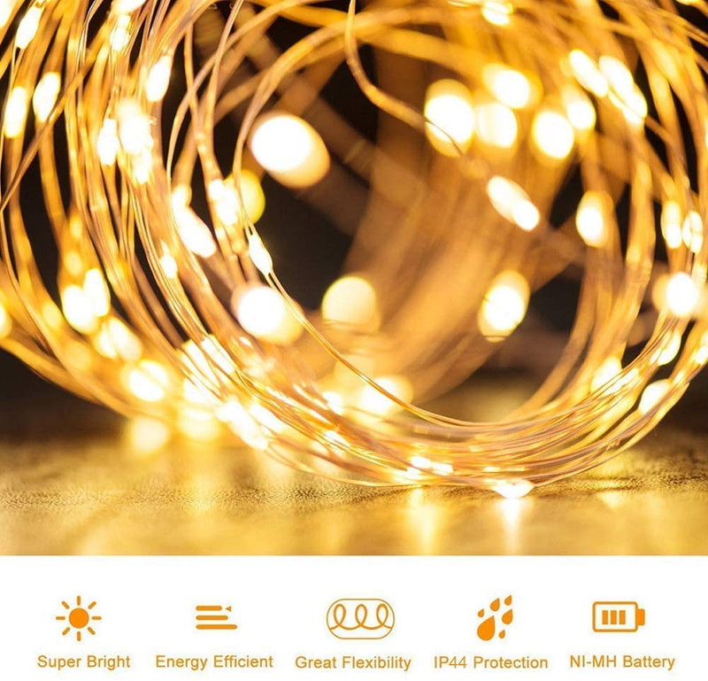 2 pcs 100 LED solar fairy lights, 10 meters solar battery operated copper waterproof warm white