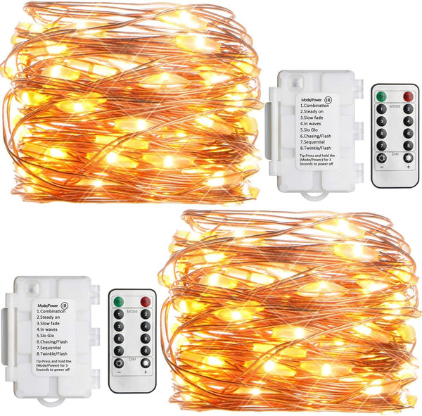 2 Pack Outdoor String Lights 16ft 50 LEDs Battery Operated Copper Wire Lights